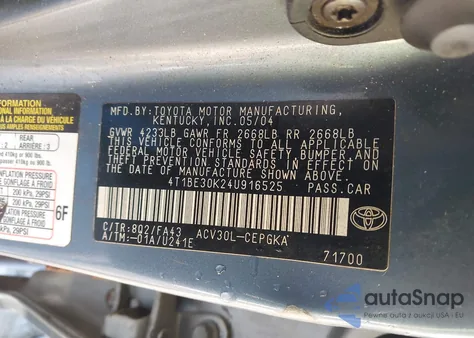 2004 Toyota Camry Xle from USA, damaged, VIN 4T1BE30K24U916525